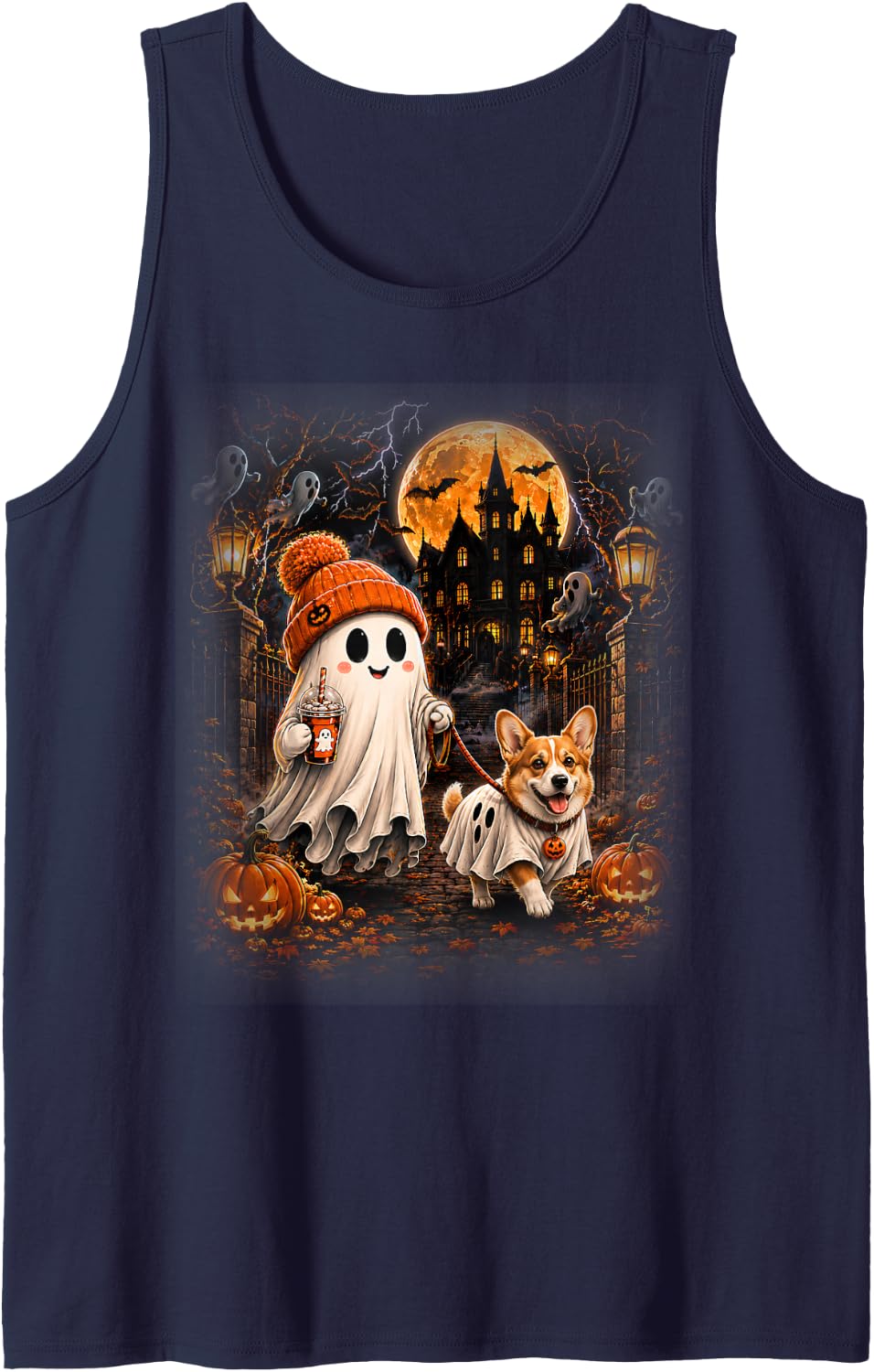 Funny Ghost Walking Corgi Dog Halloween Ice Coffee Lovers Tank Top - Navy Blue