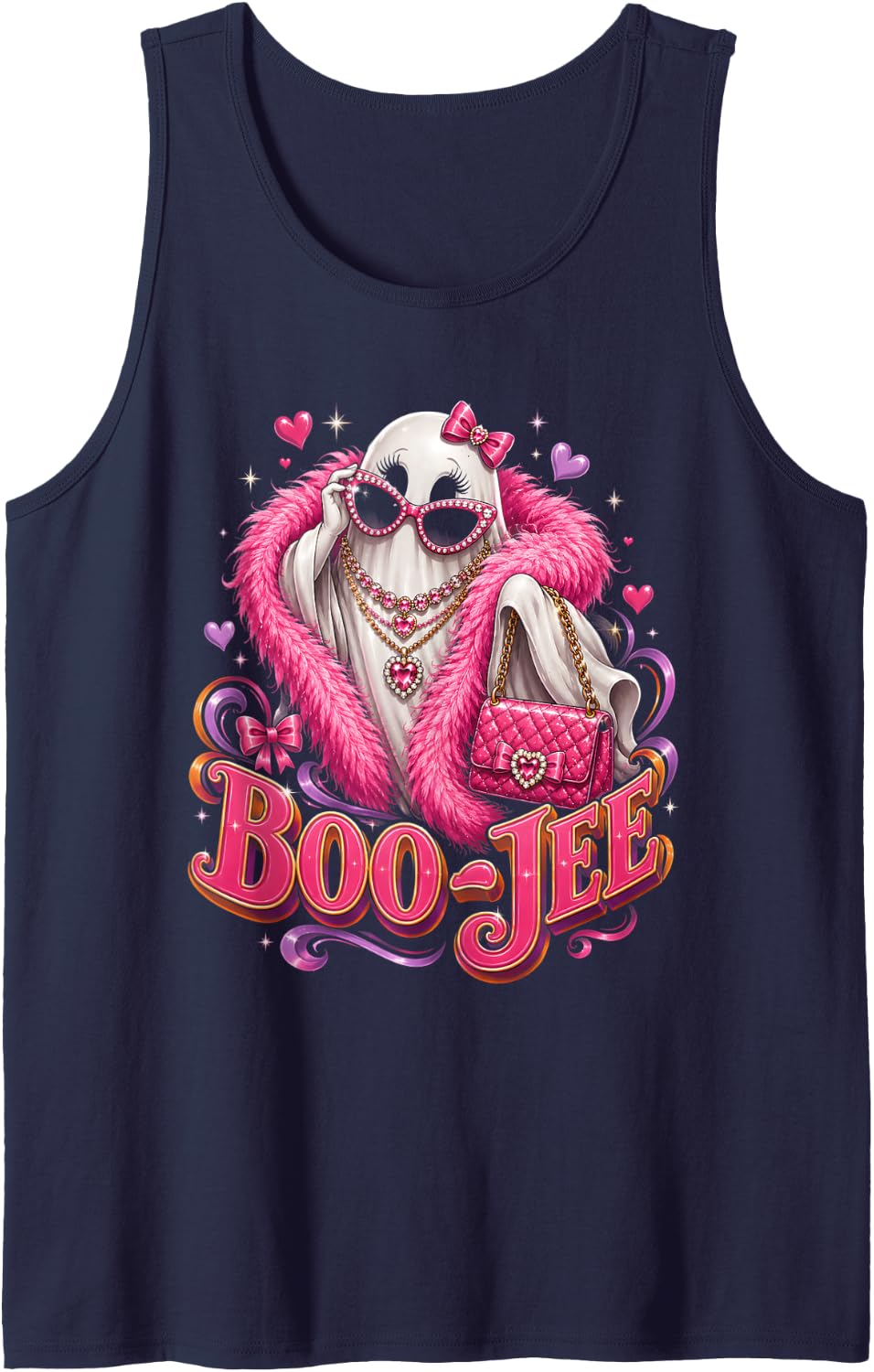 Halloween Boujee Ghost Coquette Leopard Ghost Coffee Boo-JEE Sleeveless Tank Top - Navy Blue