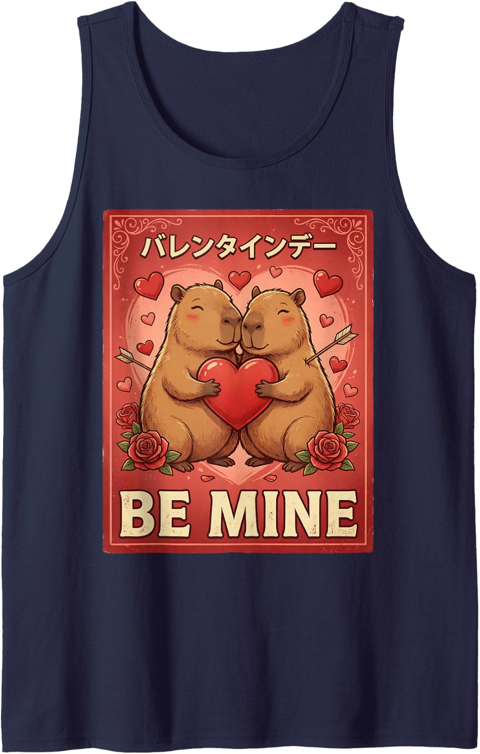 Capybara Valentine Japanese Valentine's Day Sleeveless Tank Top - Navy Blue