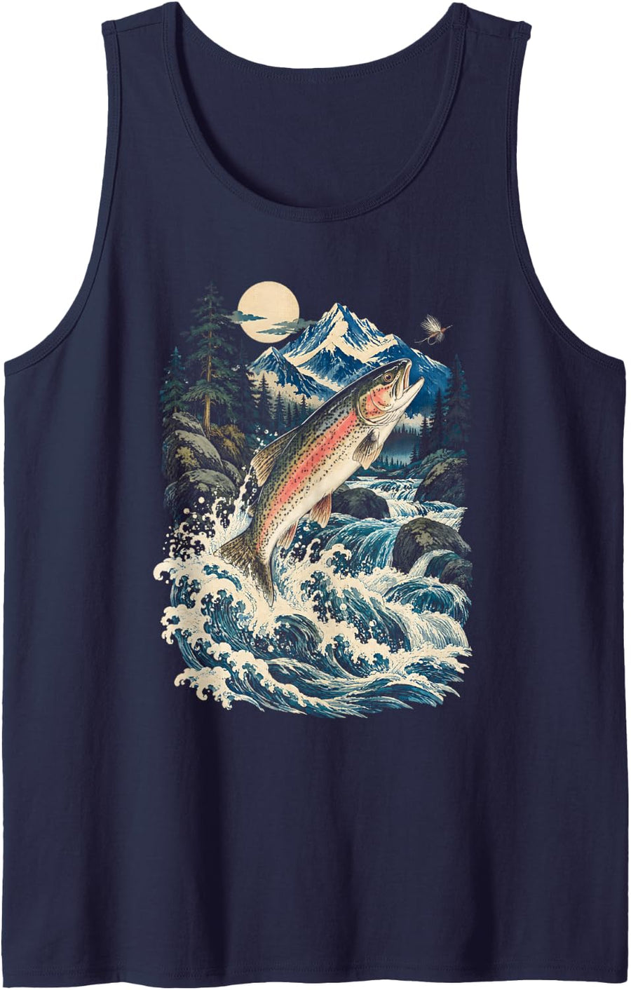 Rainbow Trout Fly Fishing Mountain Stream Nature Sleeveless Tank Top - Navy Blue