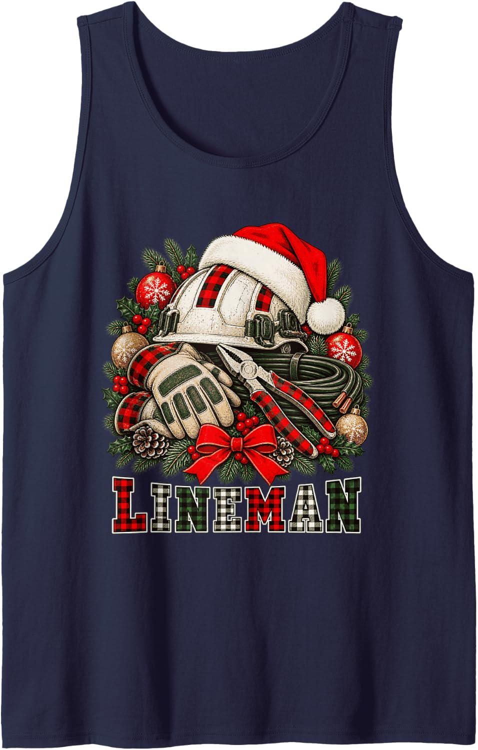 Christmas Lineman Hat Utility Tools Buffalo Plaid Sleeveless Tank Top - Navy Blue