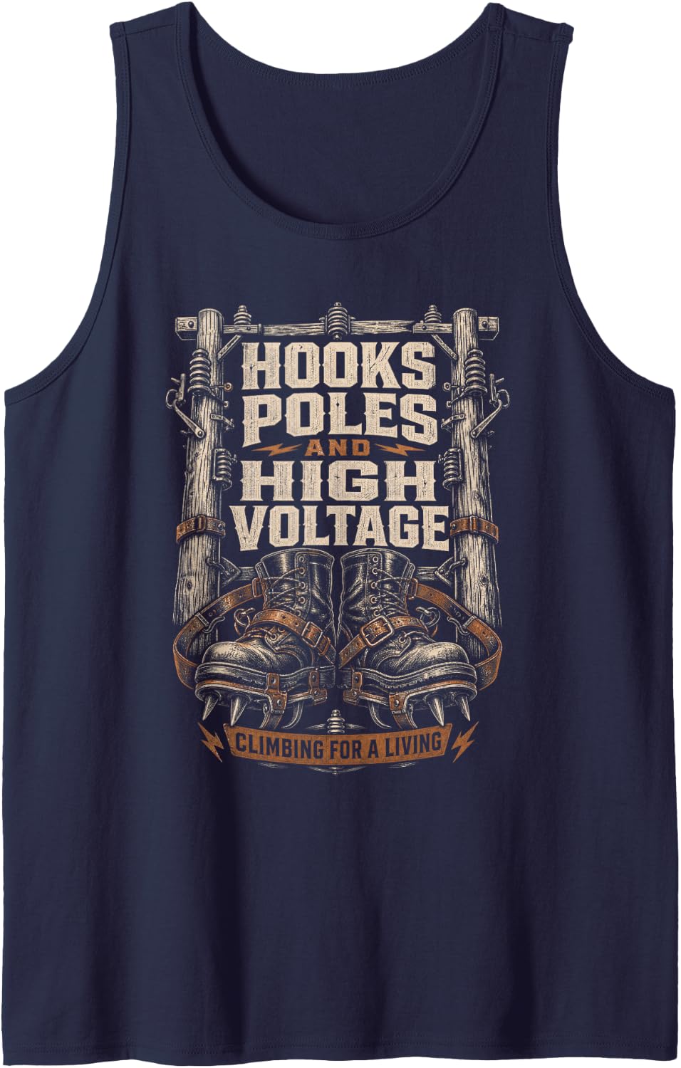 Hooks Poles and High Voltage Utility Lineman Sleeveless Tank Top - Navy Blue