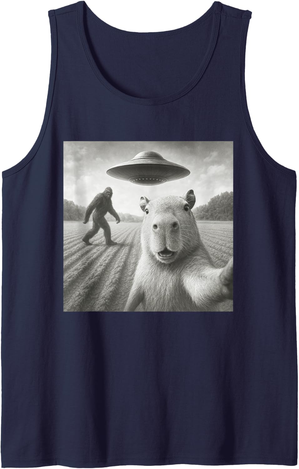 Capybara UFO Selfie Bigfoot Funny Aliens Encounter Tank Top - Navy Blue