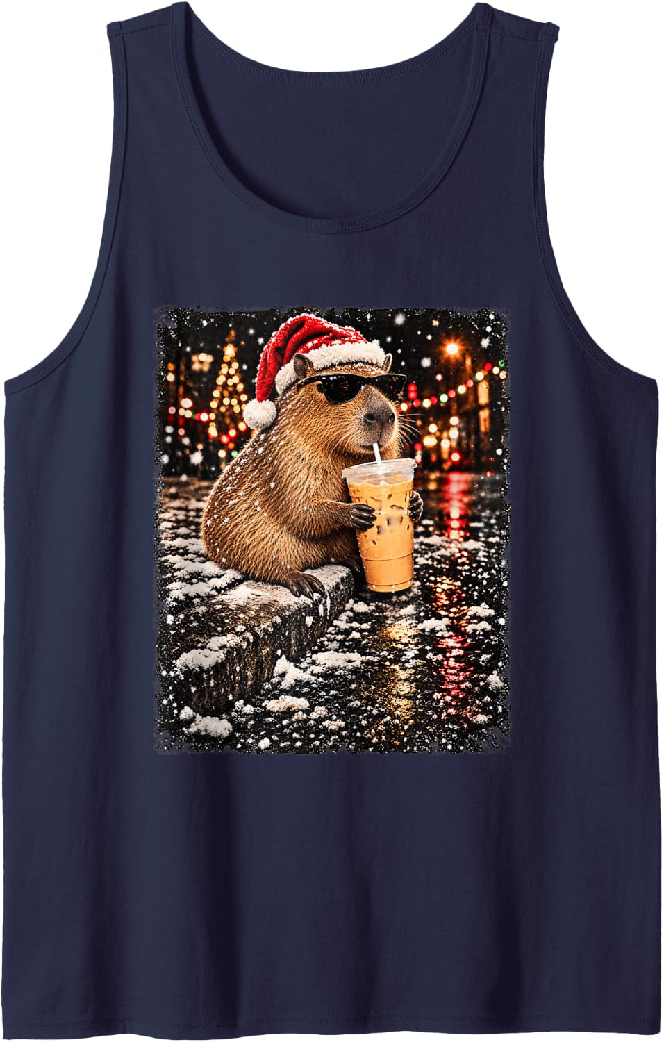 Funny Capybara Drinking Iced Coffee Christmas Animal Meme Sleeveless Tank Top - Navy Blue