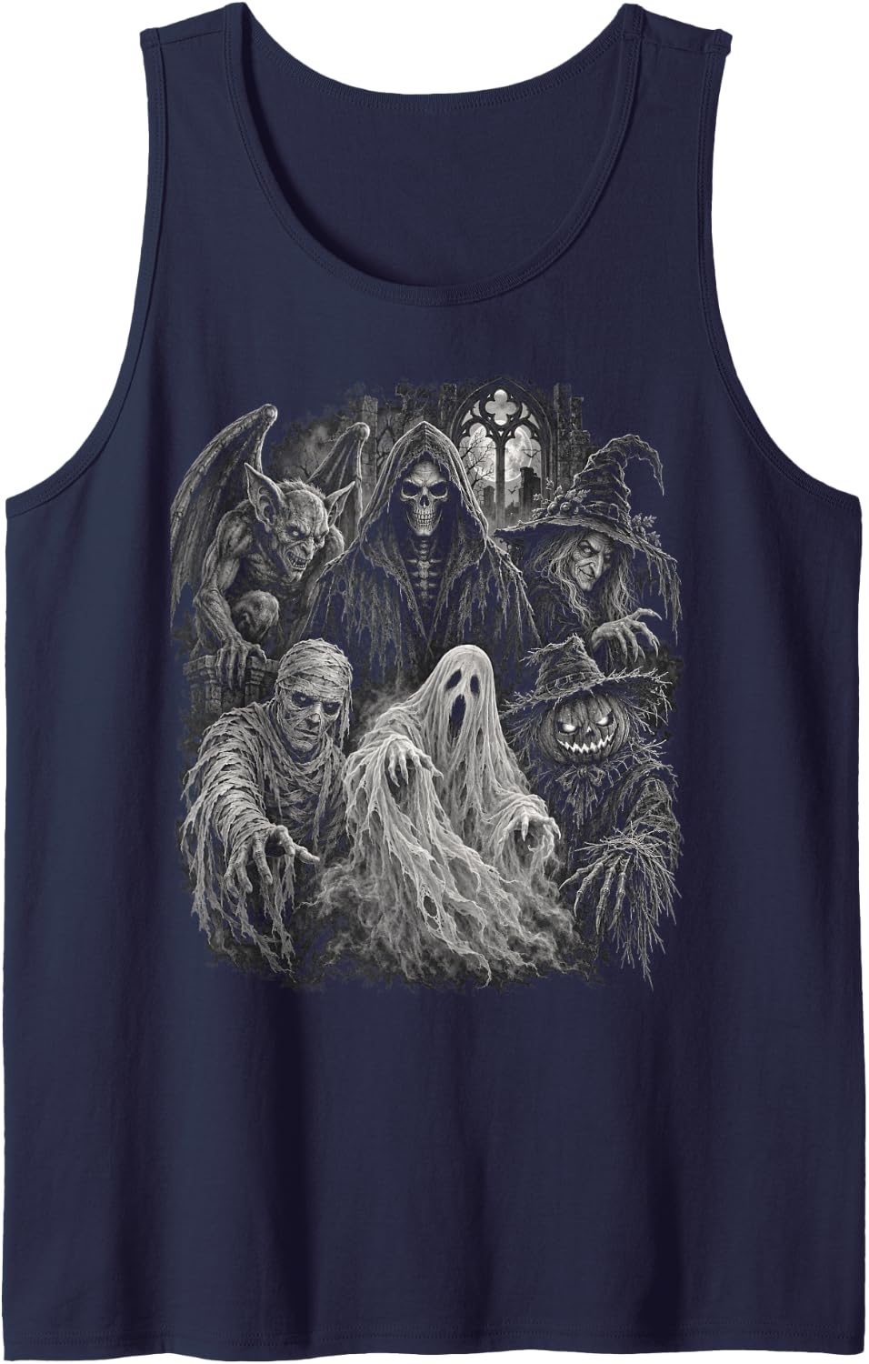 Halloween Grim Reaper Witch Mummy Ghost Gargoyle Pumpkin Sleeveless Tank Top - Navy Blue
