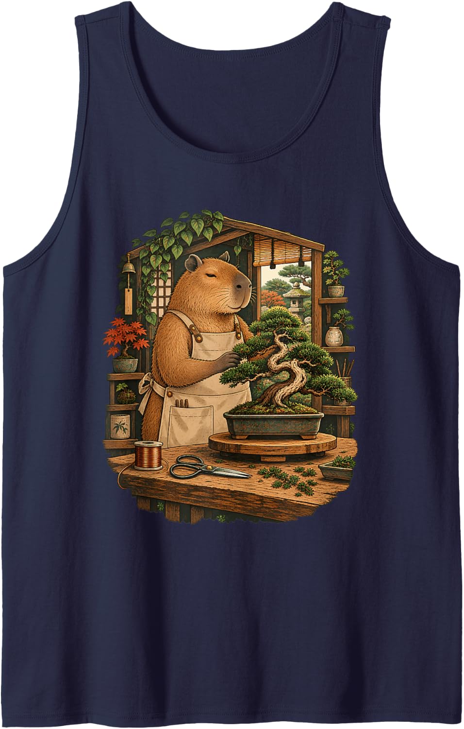 Funny Capybara Bonsai Gardener Tree Artist Sleeveless Tank Top - Navy Blue