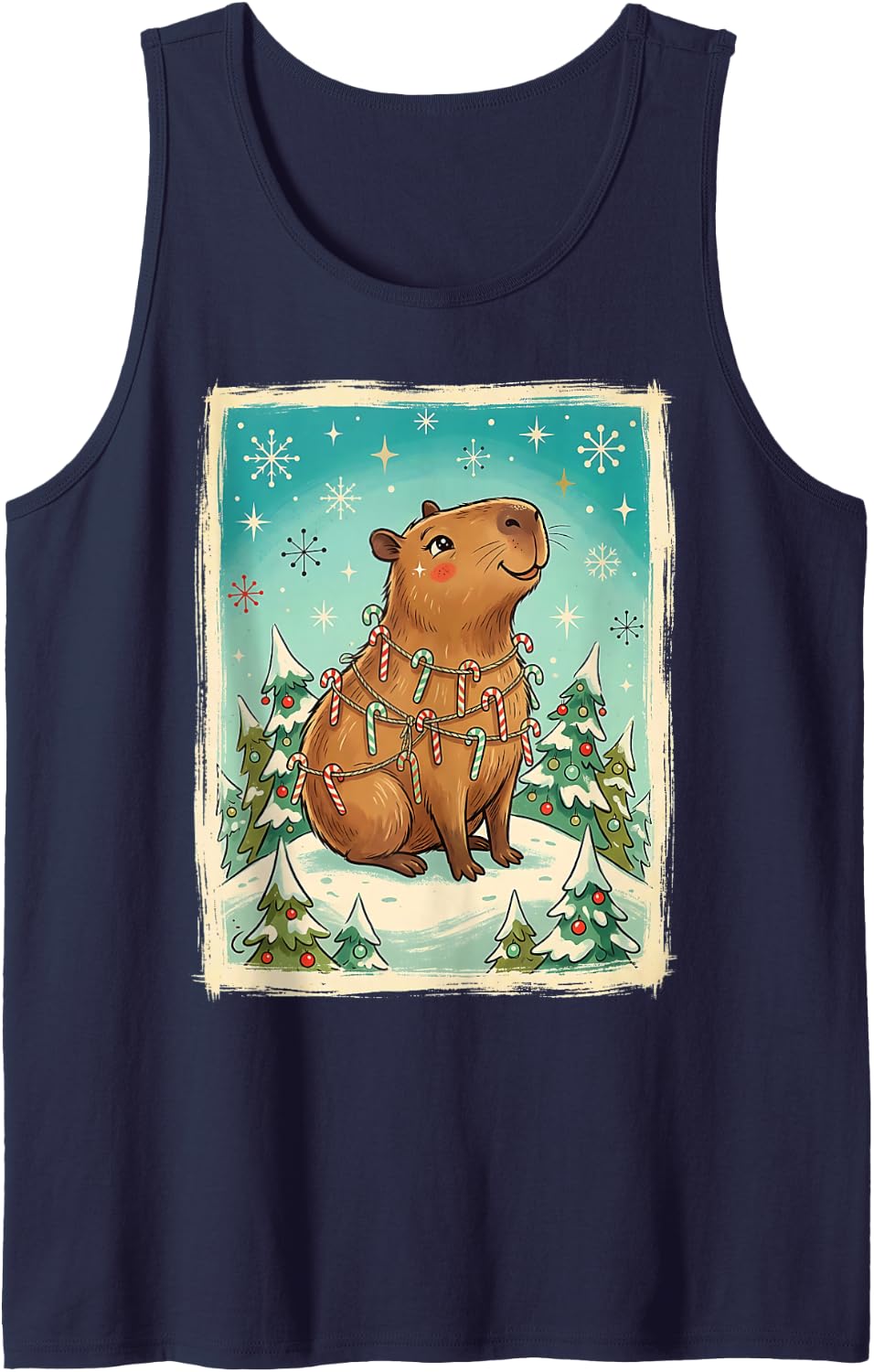 Capybara Candy Canes Retro Winter Holiday Sleeveless Tank Top - Navy Blue