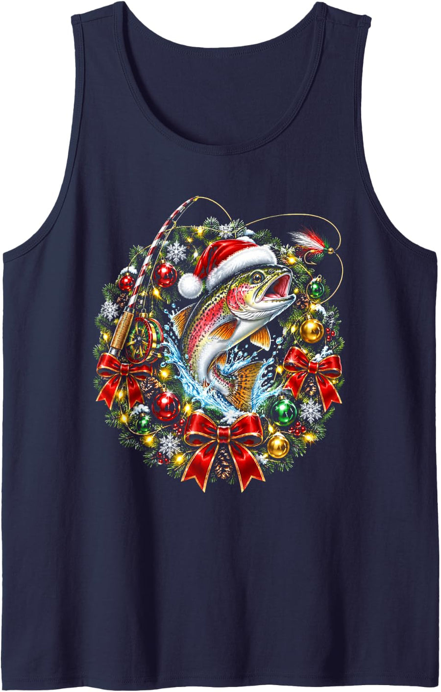 Fly Fishing Christmas Trout Santa Hat Xmas Sleeveless Tank Top - Navy Blue