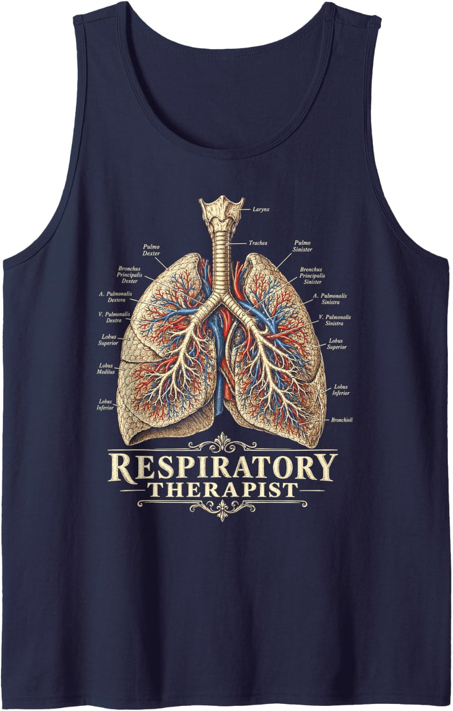Anatomical Lungs Respiratory Therapist Vintage Anatomy Sleeveless Tank Top - Navy Blue