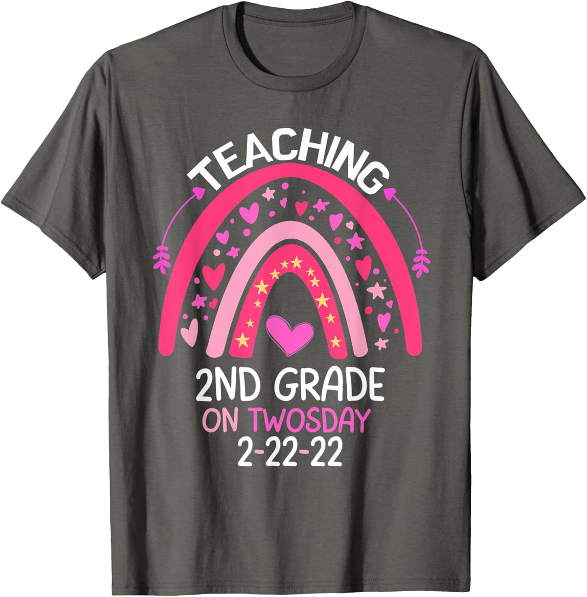 Teaching 2nd Grade On Twosday 2022 Cute 2-22-22 Teacher T-Shirt - Asphalt Grey