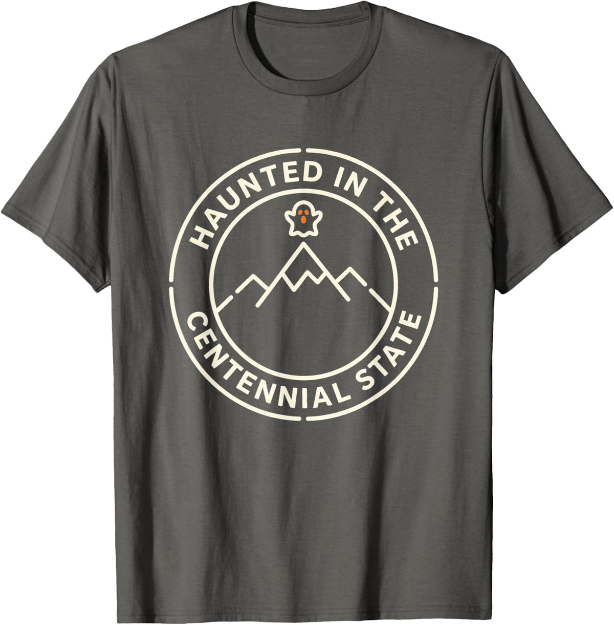 Haunted Colorado Ghost Spooky Circular Mountain Badge Emblem T-Shirt - Asphalt Grey