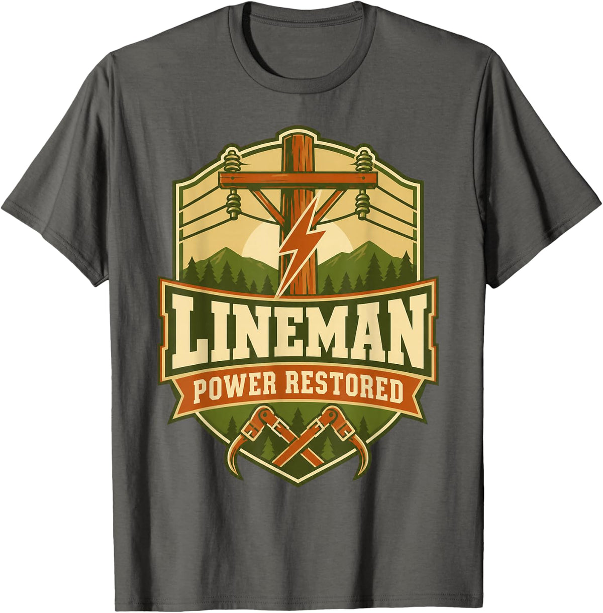 Lineman Power Restored Workwear Badge Gift T-Shirt - Asphalt Grey