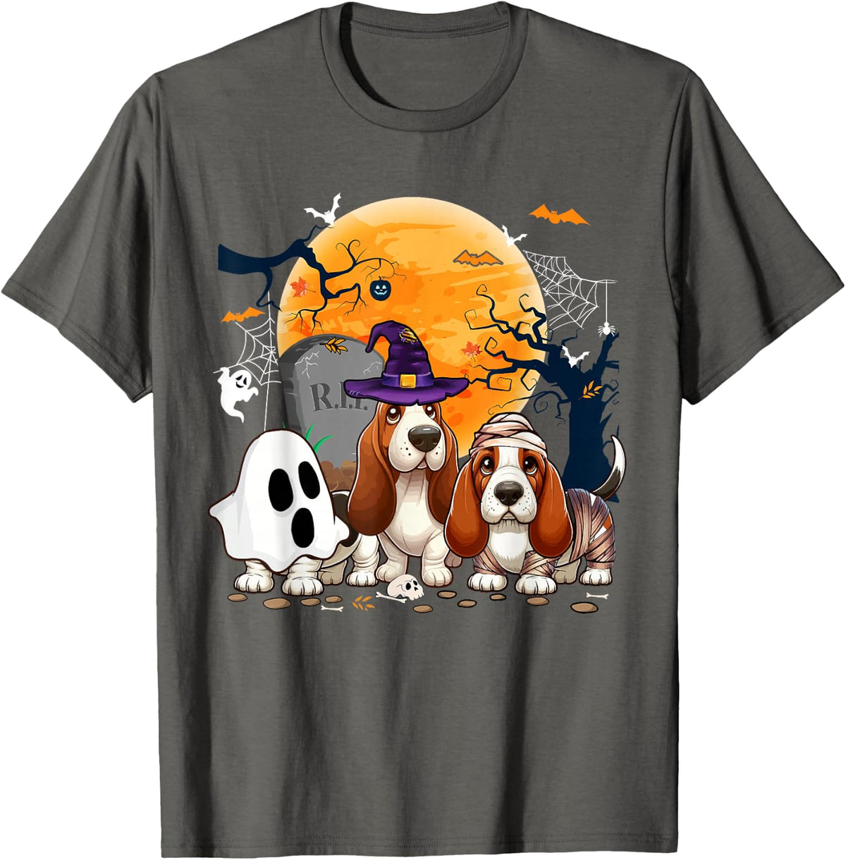 Three Halloween Basset Hounds Cosplay Witch Ghost Mummy Tees T-Shirt - Asphalt Grey