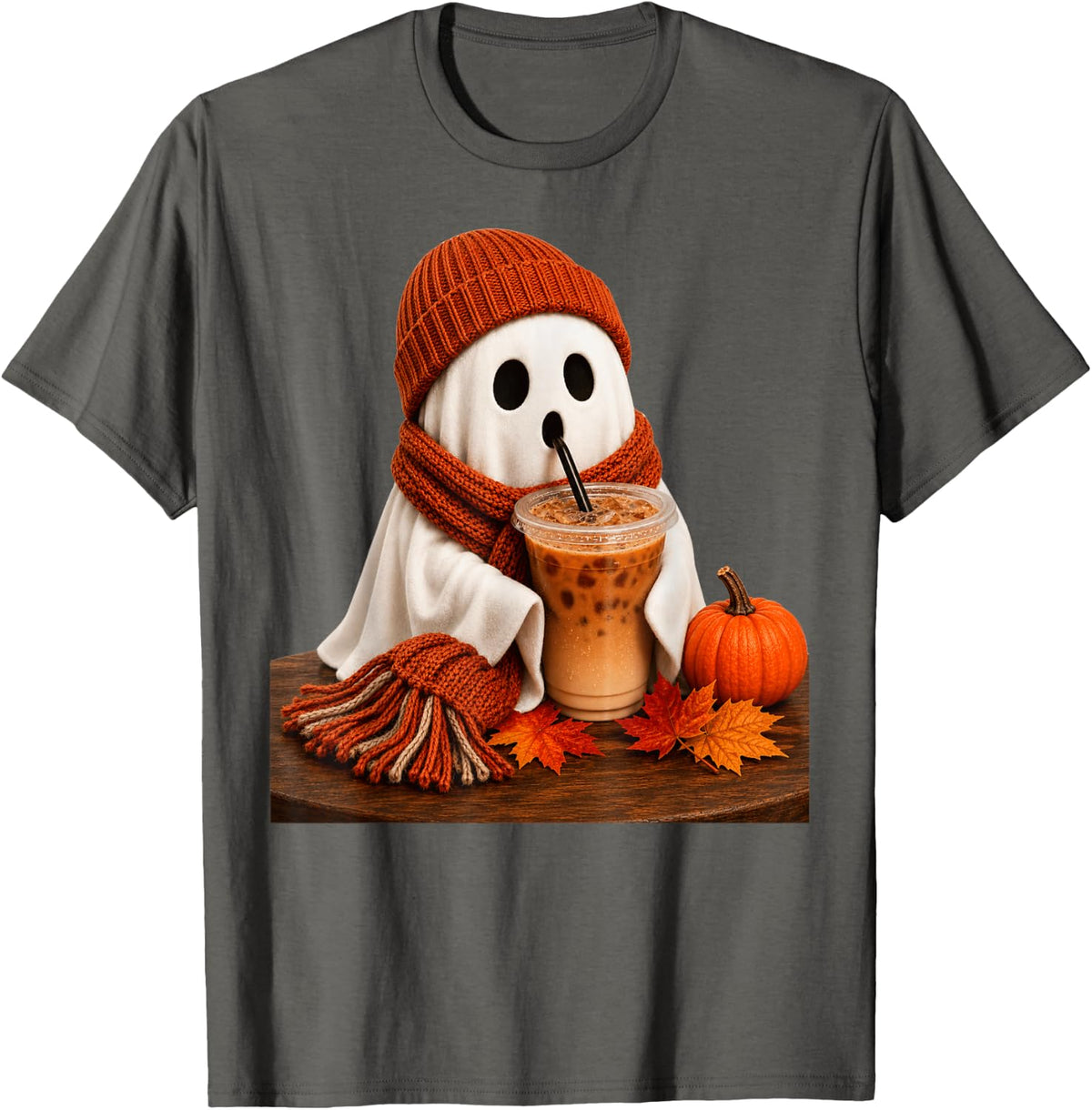 Funny Ghost Drinking Iced Coffee Halloween Pumpkin Autumn T-Shirt - Asphalt Grey