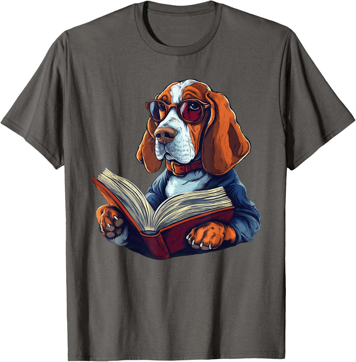 Cute Dog Basset Hound Reading Book T-Shirt - Asphalt Grey