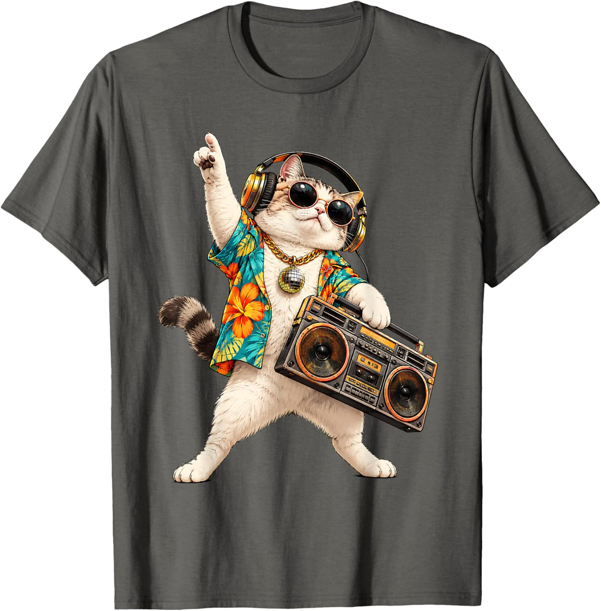 House DJ Cat Retro DJ Cat Kitty on Turntable Disco DJ Cat T-Shirt - Asphalt Grey