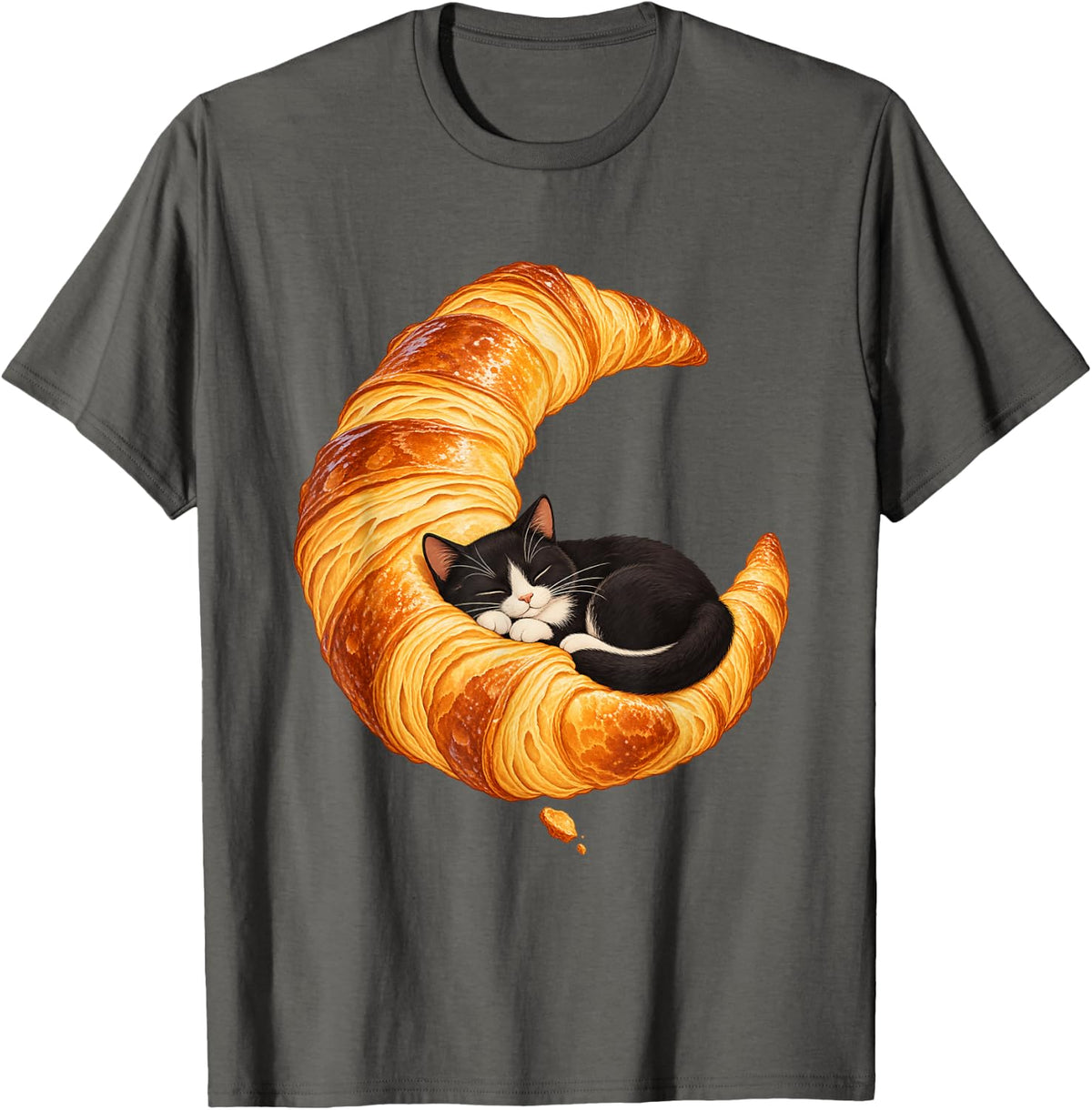 Sleeping Cat Golden Croissant Art T-Shirt - Asphalt Grey