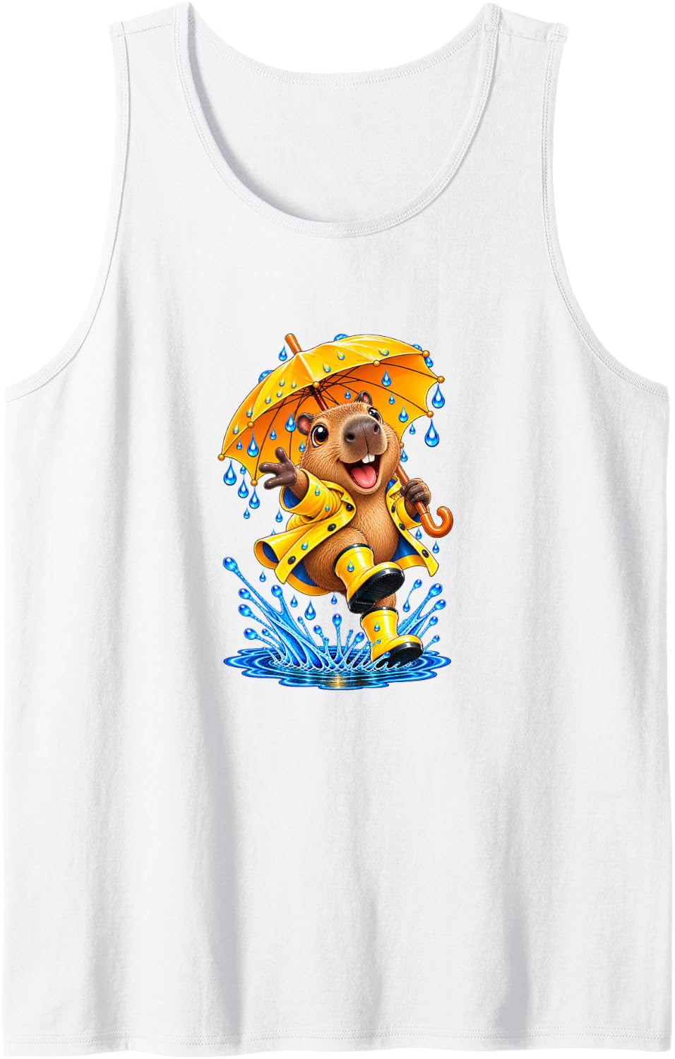 Happy Capybara Splashing Puddle Rainy Day Sleeveless Tank Top - White