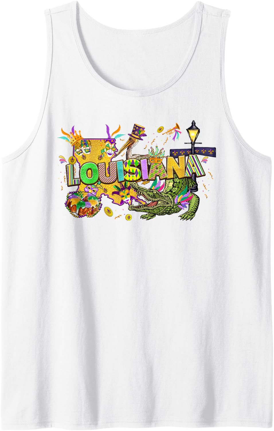 Jester Mask Mardi Gras Carnival Louisiana Alligator Pelican Sleeveless Tank Top - White