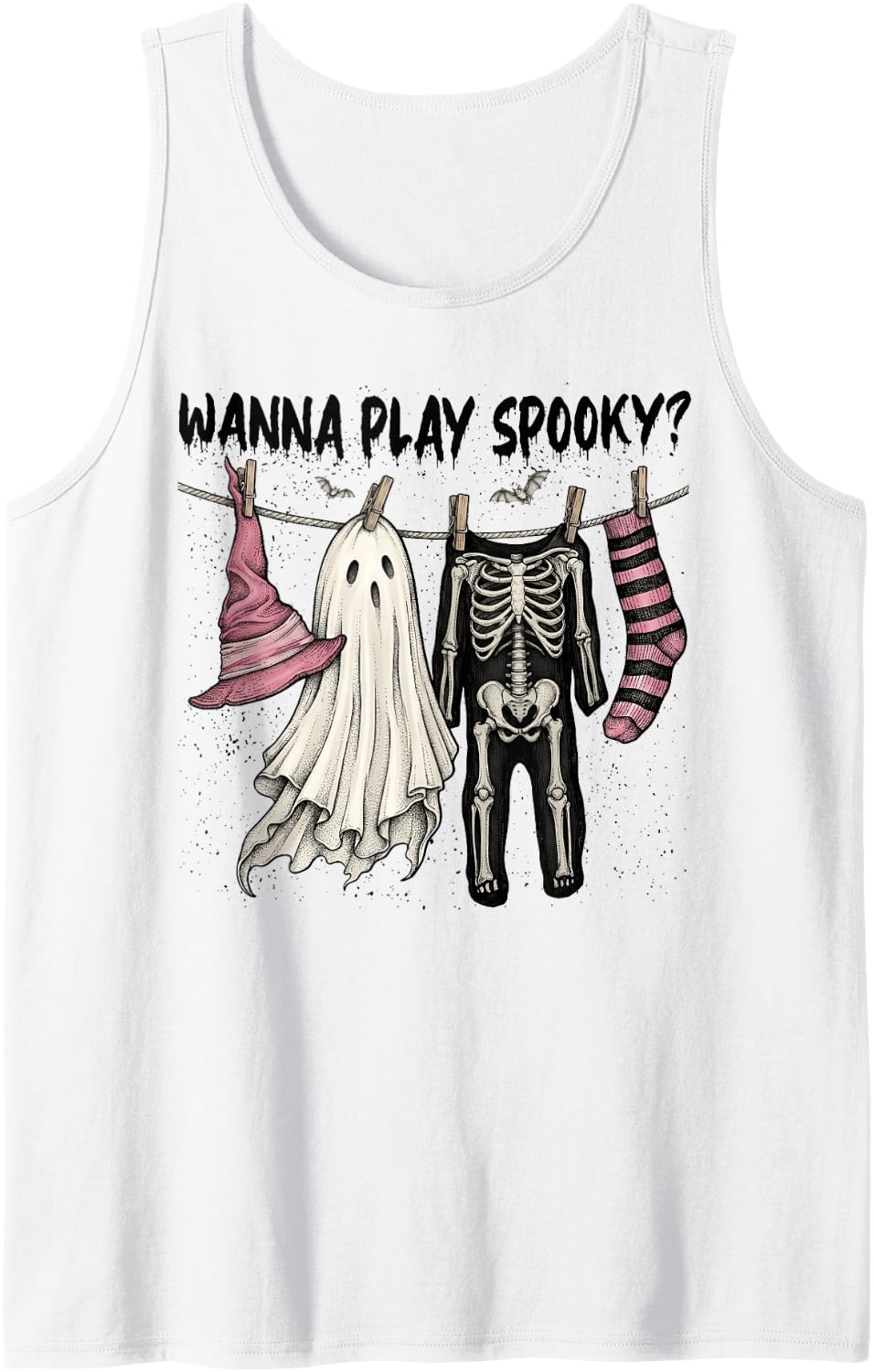 Wanna Play Spooky Funny Ghost Skeleton Witch Hat Halloween Sleeveless Tank Top - White