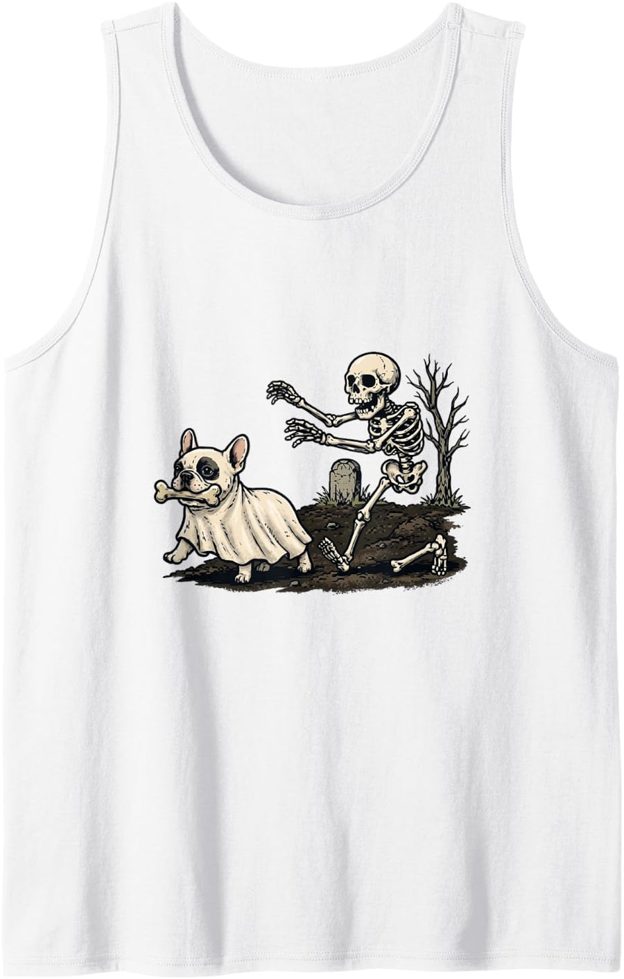 Funny Skeleton Chasing Ghost French Bulldog Halloween Bone Sleeveless Tank Top - White