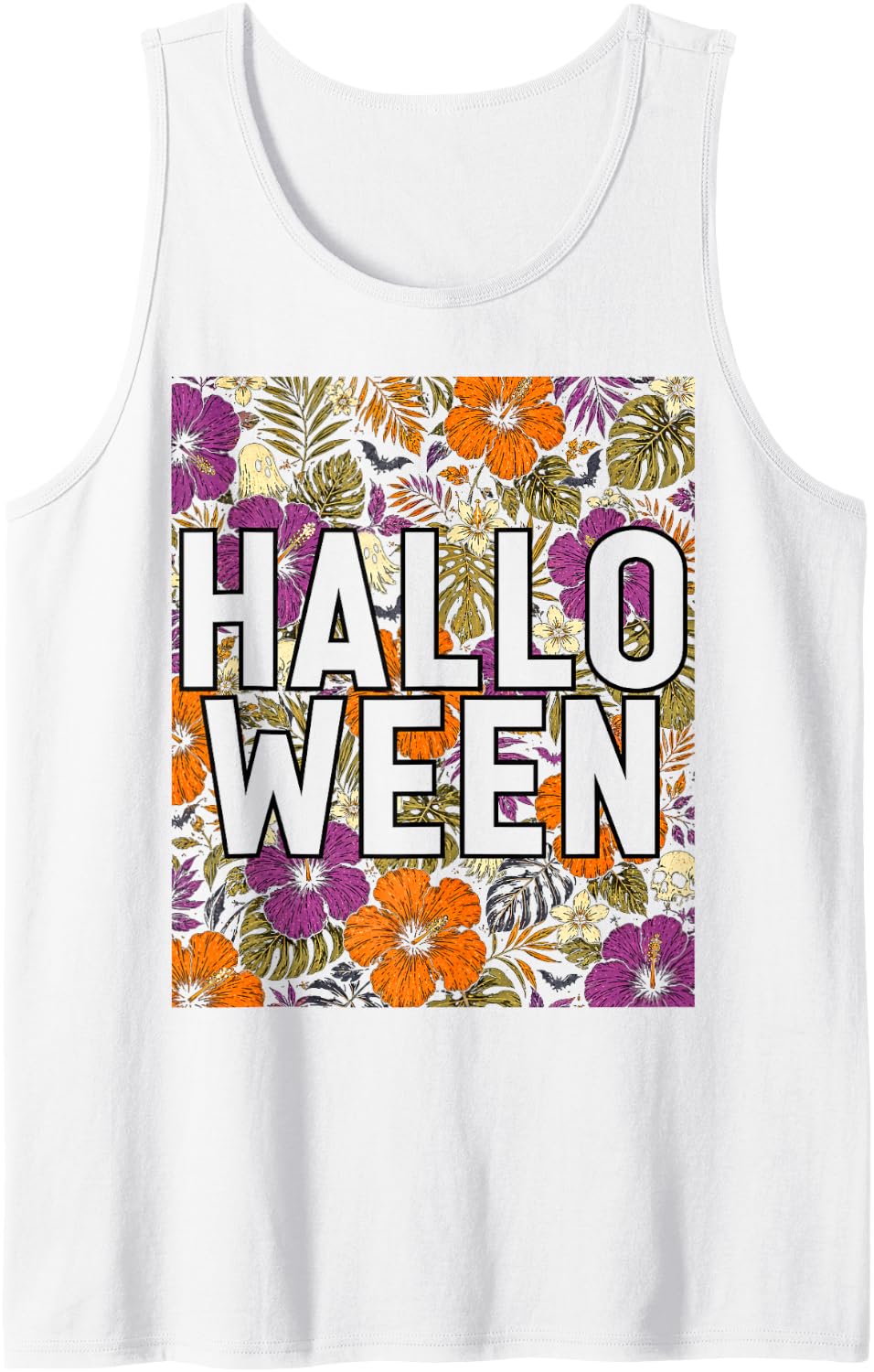 Halloween Hawaiian Tropical Floral Spooky Season Ghosts Bats Sleeveless Tank Top - White