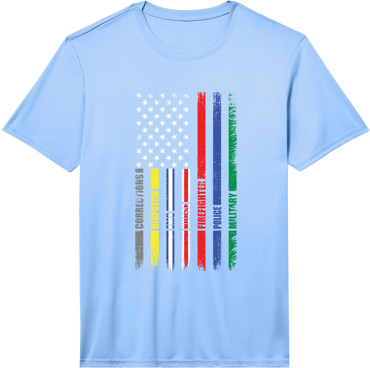 First Responder American Flag EMS Police Nurse MILATARY FIRE Performance T-Shirt - Light Blue