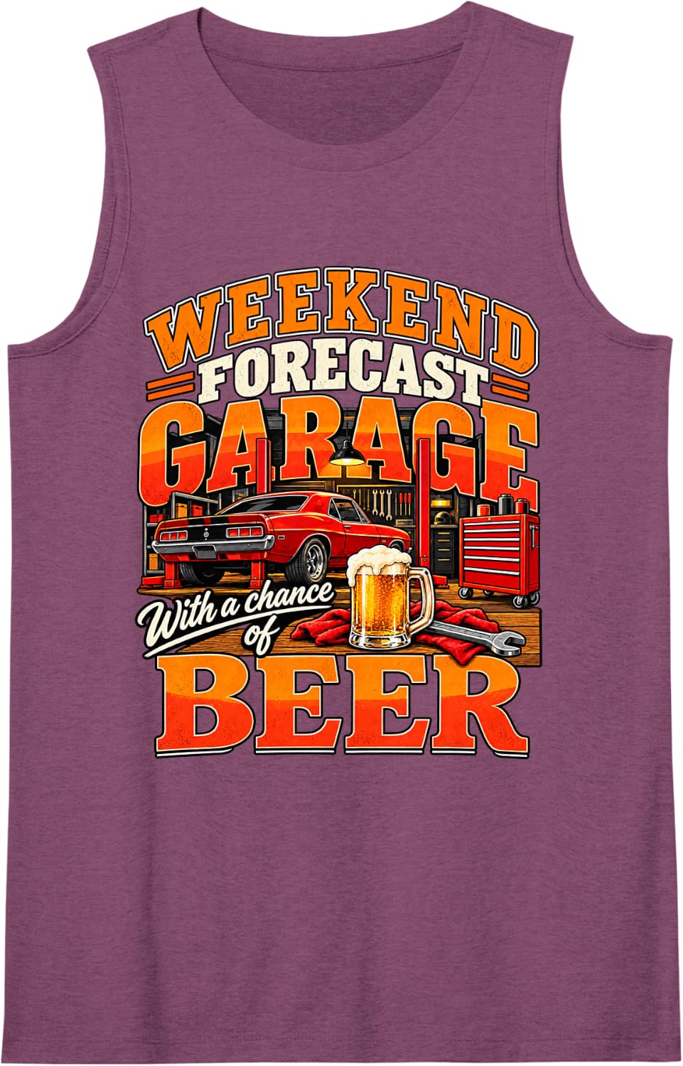 Garage Weekend Forecast Beer Humor for DIY Auto Mechanics Sleeveless Tank Top - Purple