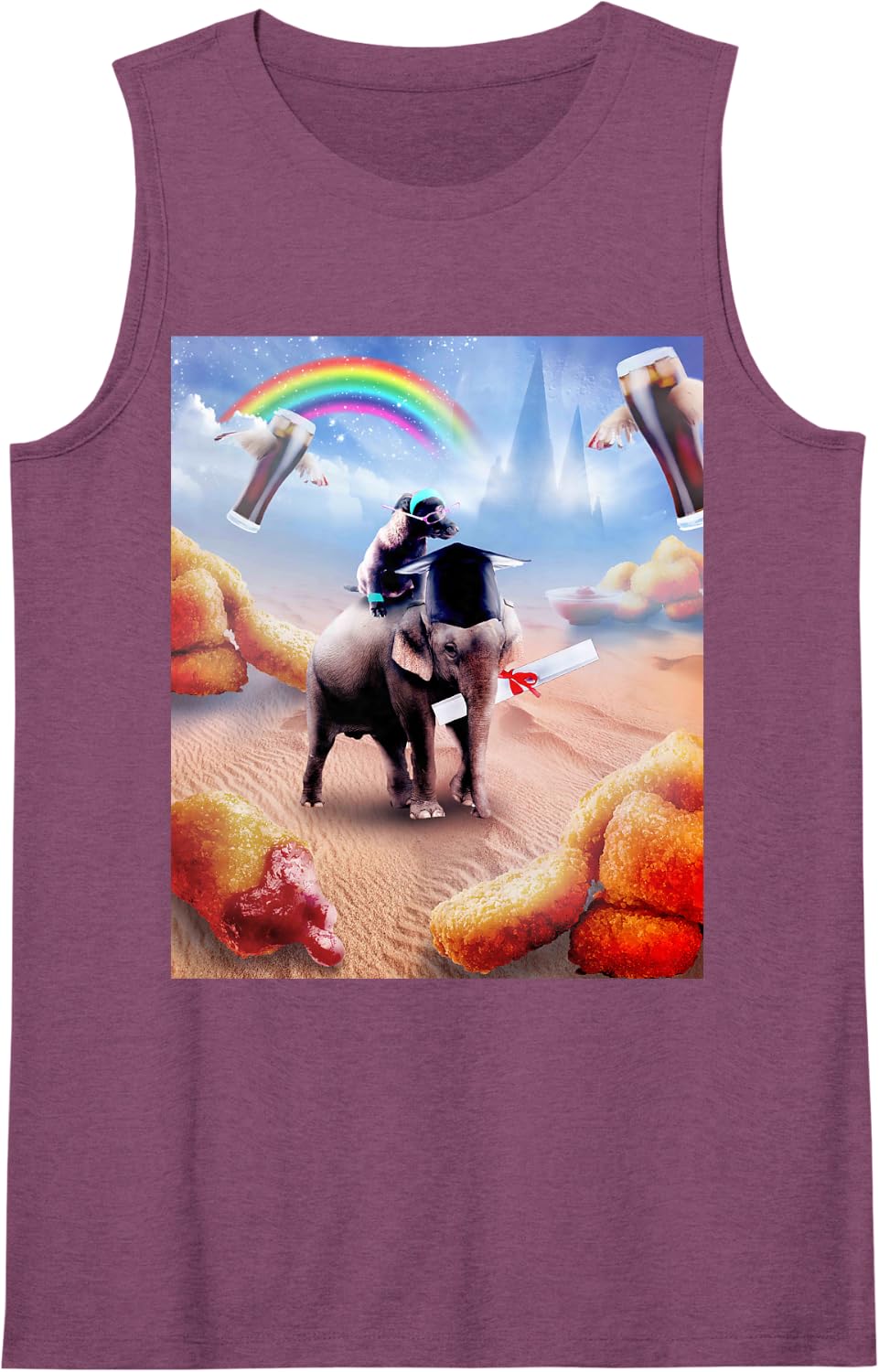Dog Riding Elephant with Chicken Nuggets and Cola Sleeveless Tank Top - Purple