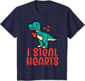 Kids Valentines Day Trex I Steal Hearts Dino Boys Kids Toddler T-Shirt - Navy Blue