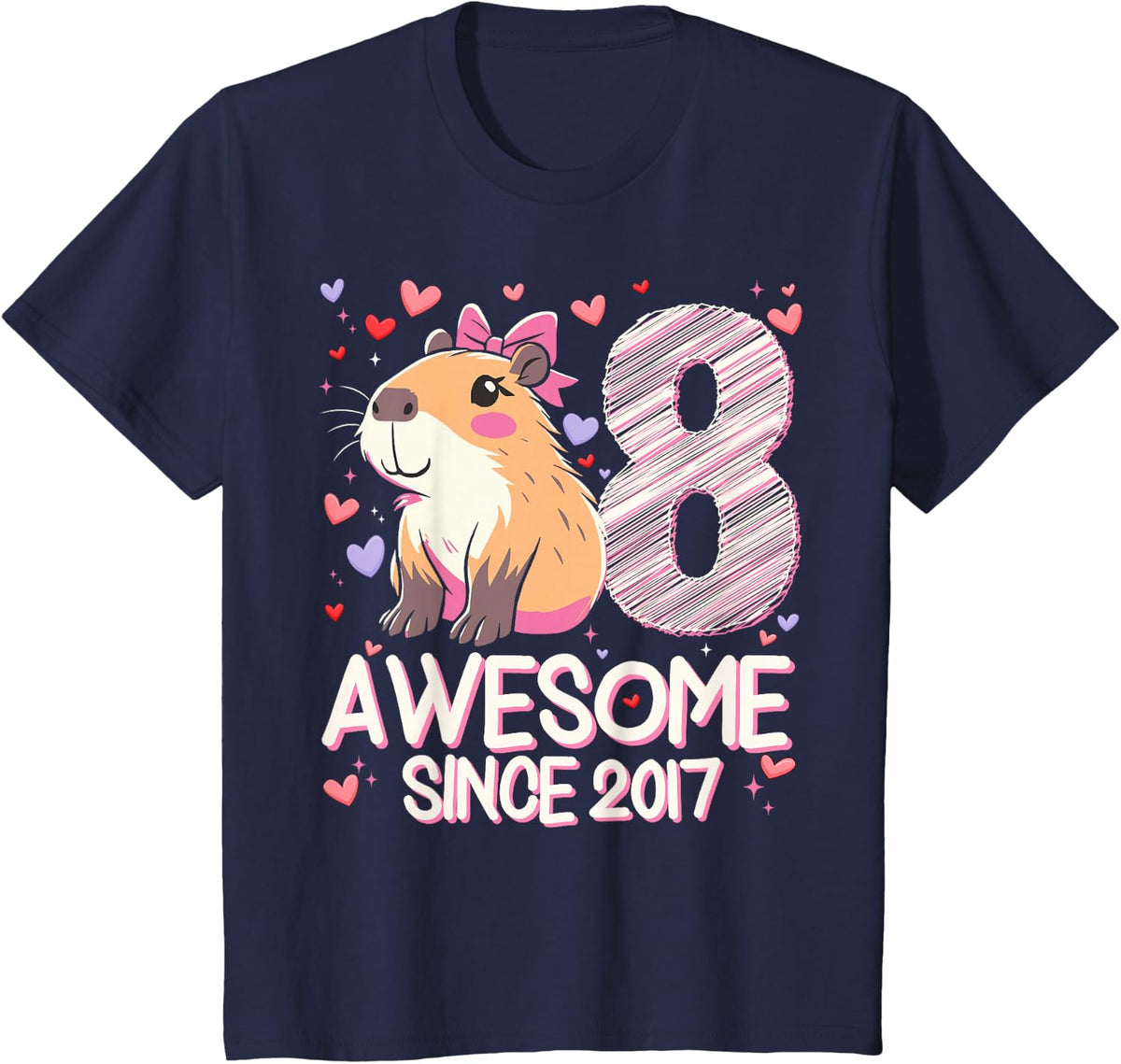 8 Years Old Capybara Gifts for Girls 8th Birthday Party T-Shirt - Navy Blue