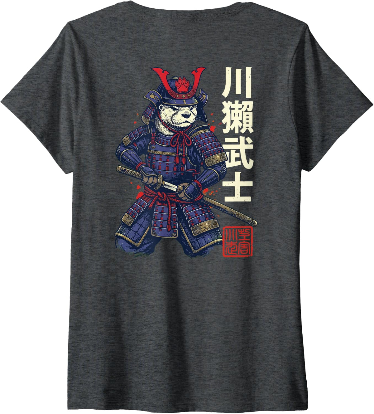 Women's Otter Samurai (On Back) V-Neck T-Shirt - Dark Heather Grey