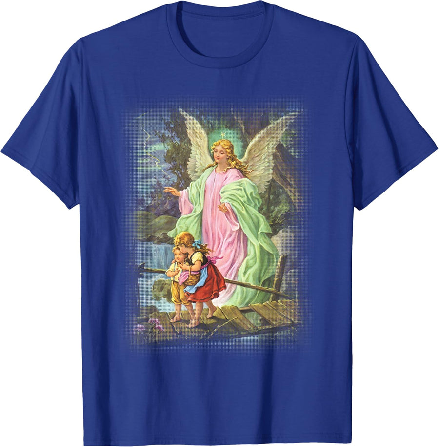 Guardian Angel on Bridge w Children -Protection and Guidance T-Shirt - Royal Blue