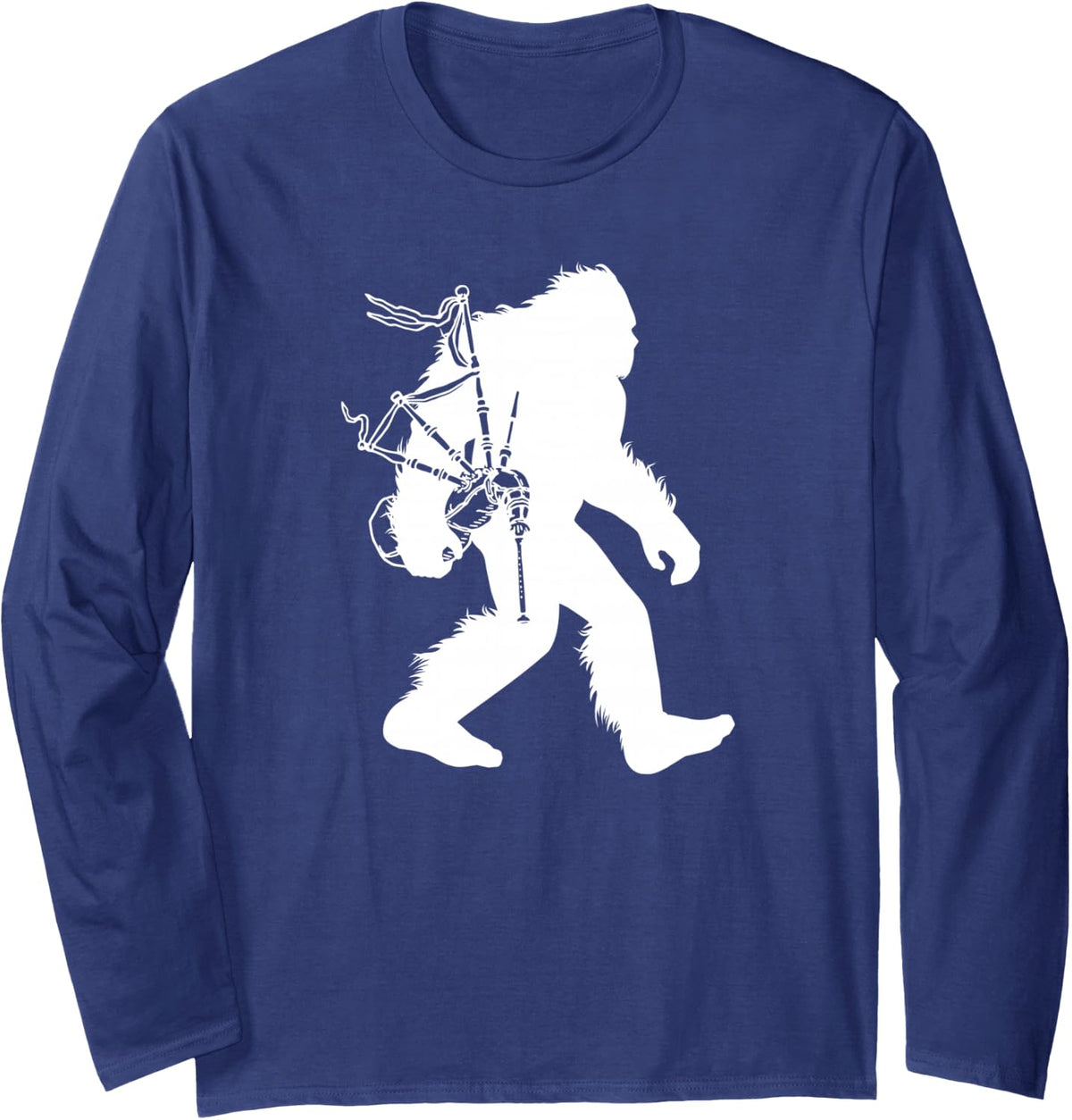 Bigfoot Bagpipes Irish Cryptid Scottish Sasquatch Bagpiper Long Sleeve T-Shirt - Adult Unisex Navy Blue