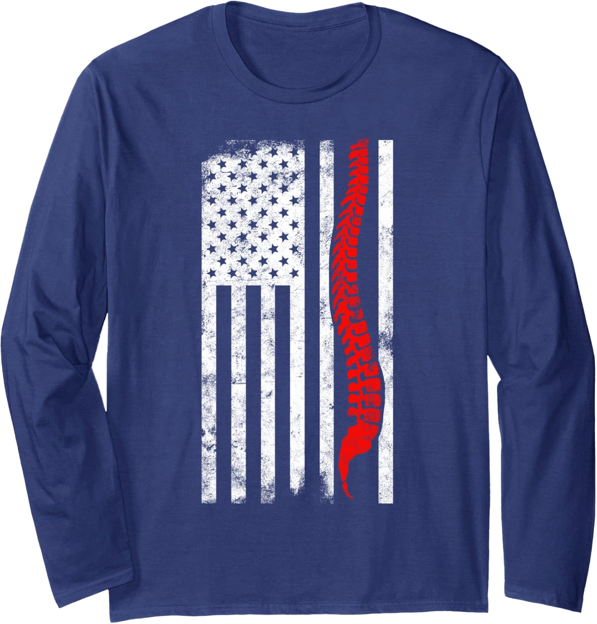 Chiropractor American Flag | Chiropractic Gift | Spinal Cord Long Sleeve T-Shirt - Adult Unisex Navy Blue