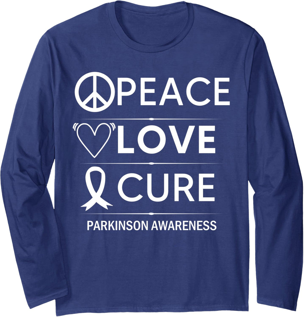 Parkinsons Disease Awareness Peace Love Cure Silver Ribbon Long Sleeve T-Shirt - Adult Unisex Navy Blue