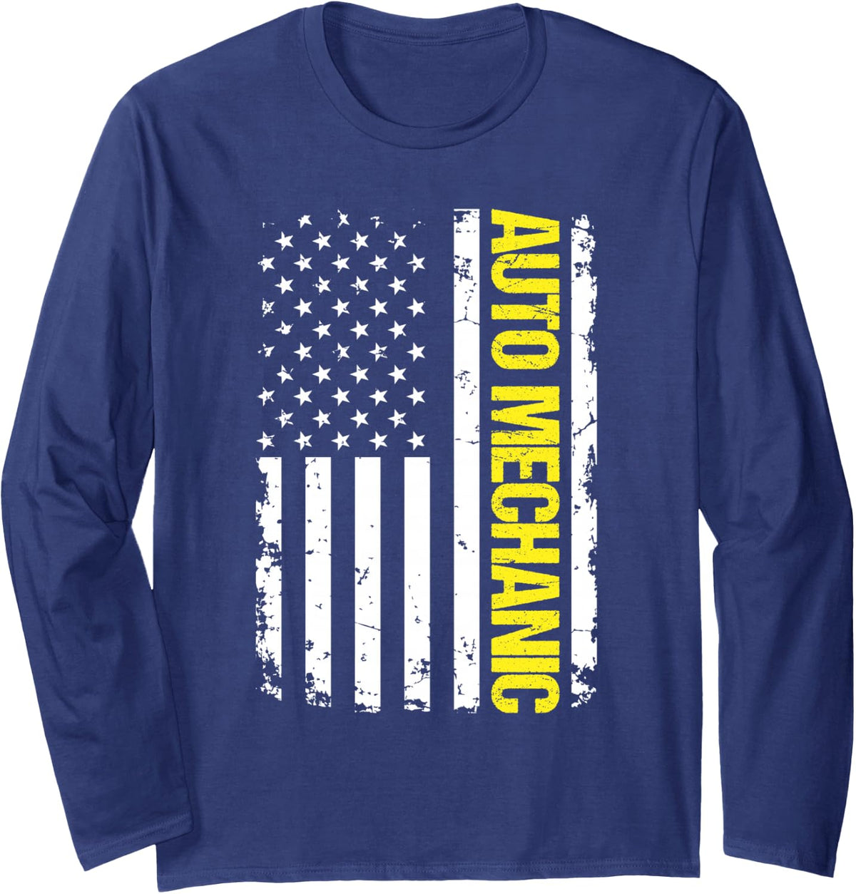 Auto Mechanic USA Flag Long Sleeve T-Shirt - Adult Unisex Navy Blue