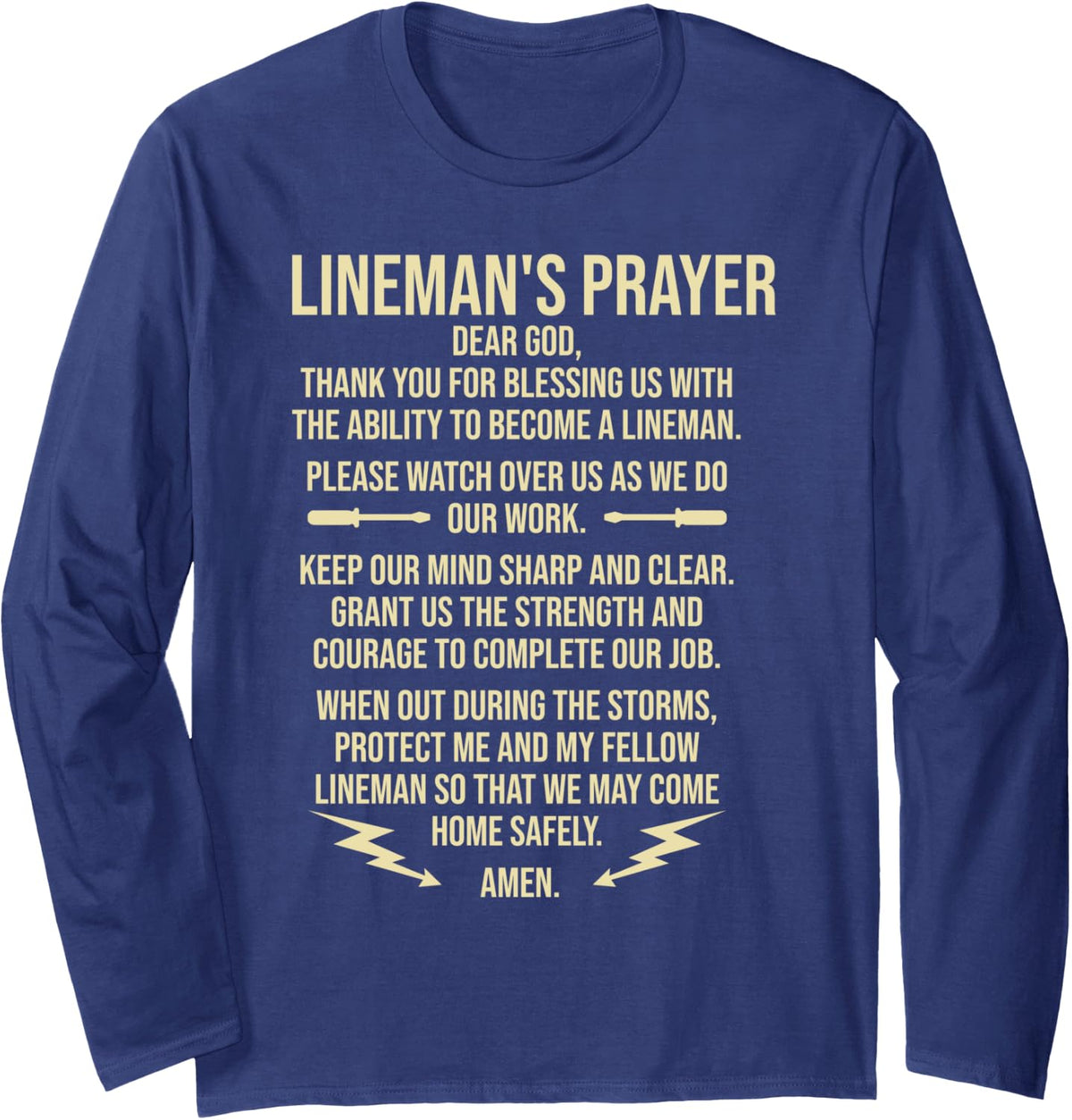 Electrical Lineman Prayer Power Lineman Long Sleeve T-Shirt - Adult Unisex Navy Blue