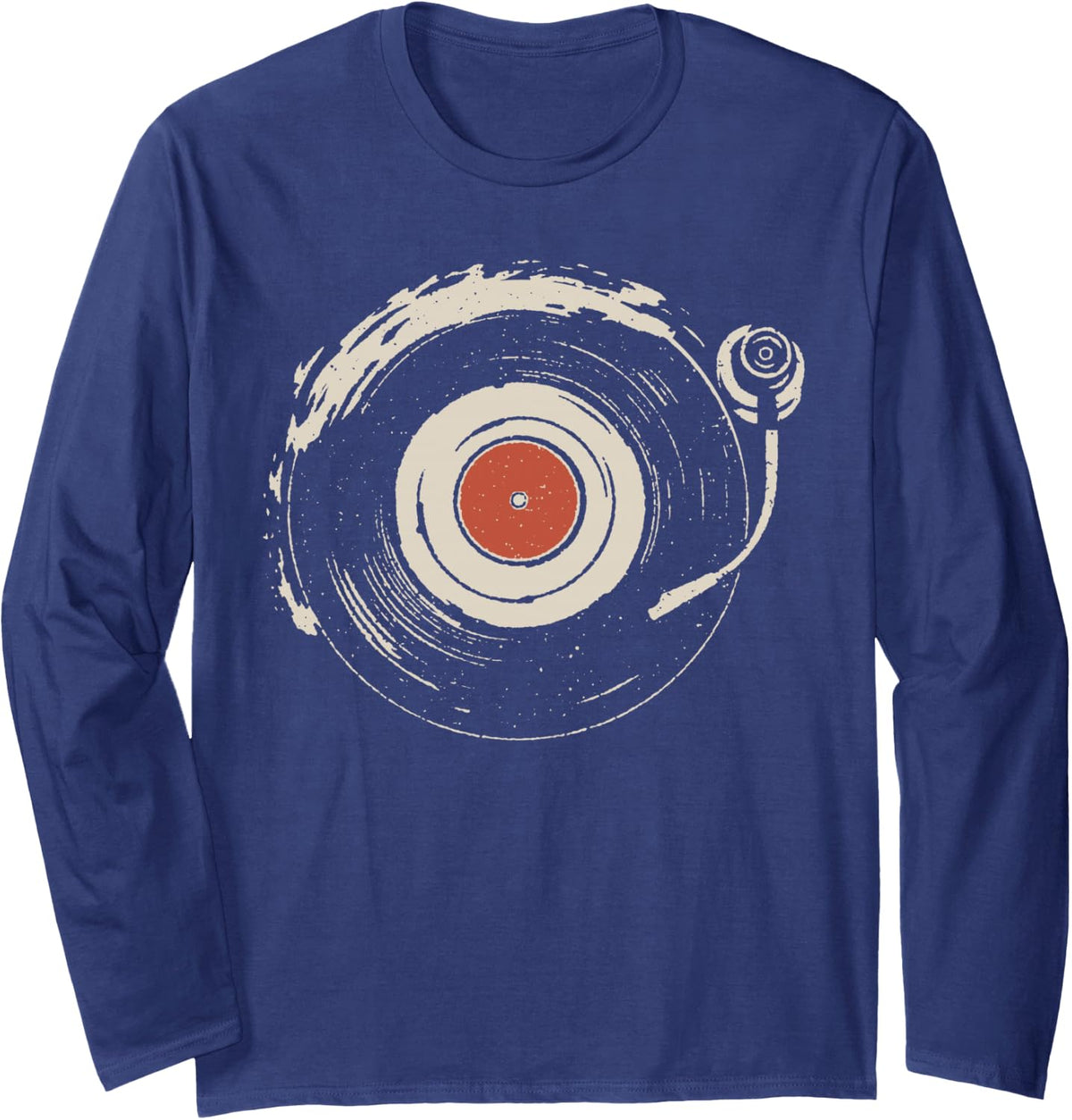 DJ Turntable Disc Jockey Vinyl Record Player Retro Music Long Sleeve T-Shirt - Adult Unisex Navy Blue