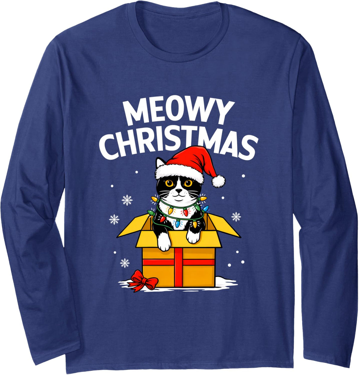 Meowy Christmas Dapper Cat Lover Black and White Kitten Xmas Long Sleeve T-Shirt - Adult Unisex Navy Blue