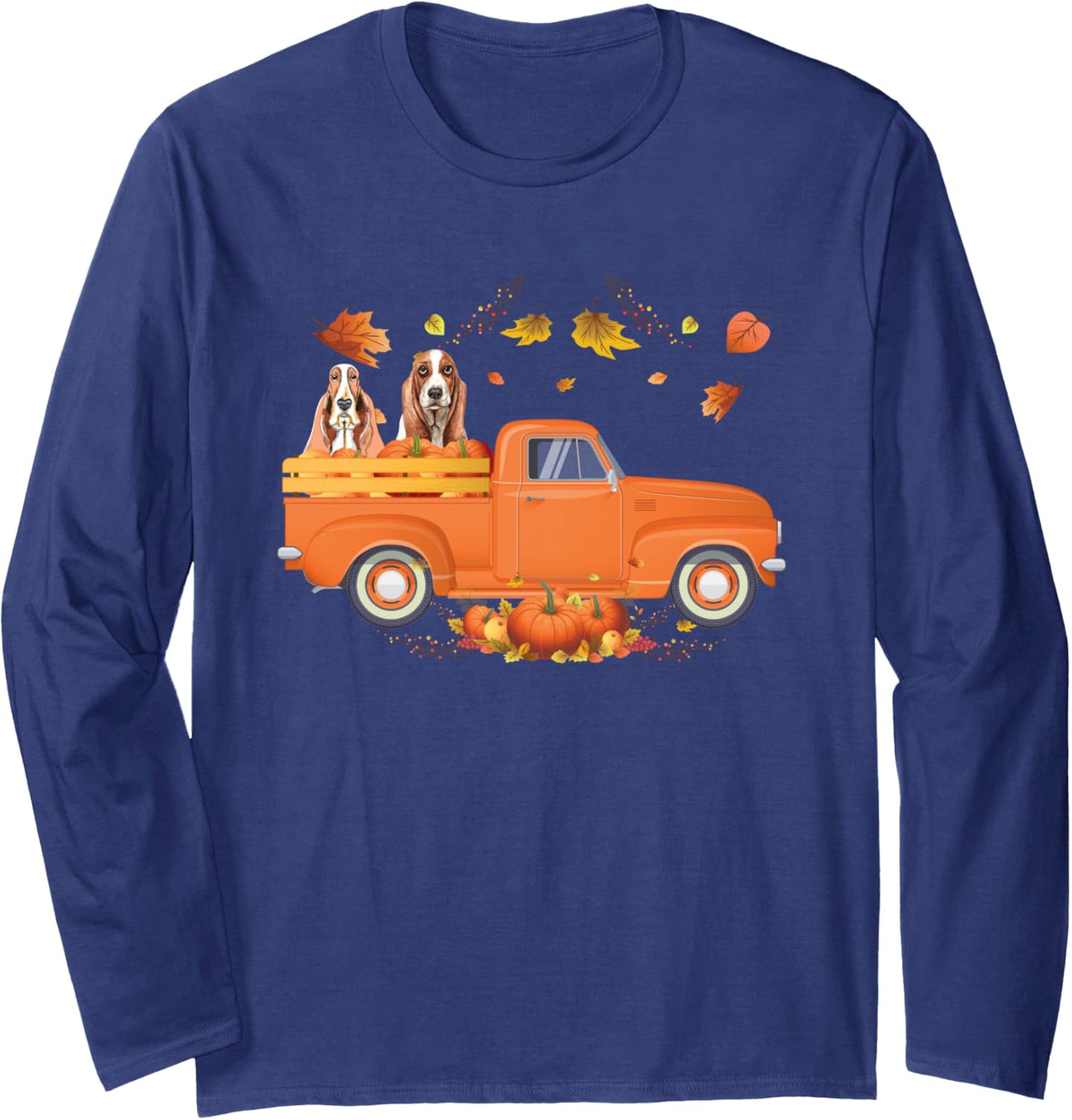 Basset Hound Pumpkin Truck Fall Thanksgiving Halloween Long Sleeve T-Shirt - Adult Unisex Navy Blue