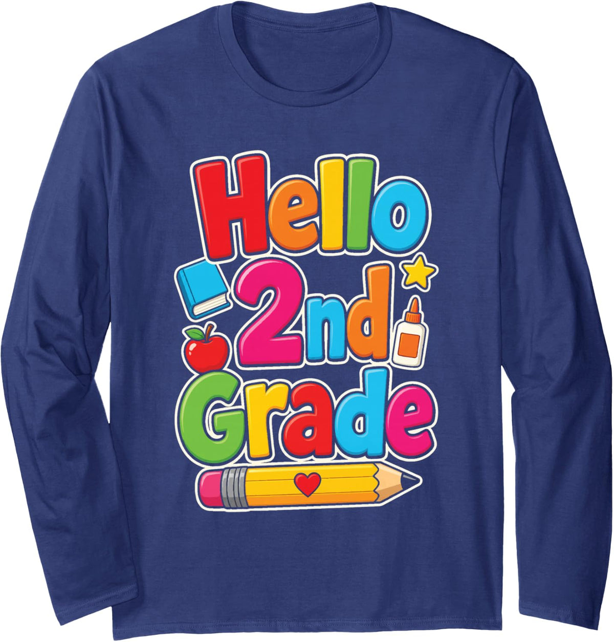 2nd Grade Second Elementary Apple Heart Star First Day Long Sleeve T-Shirt - Adult Unisex Navy Blue