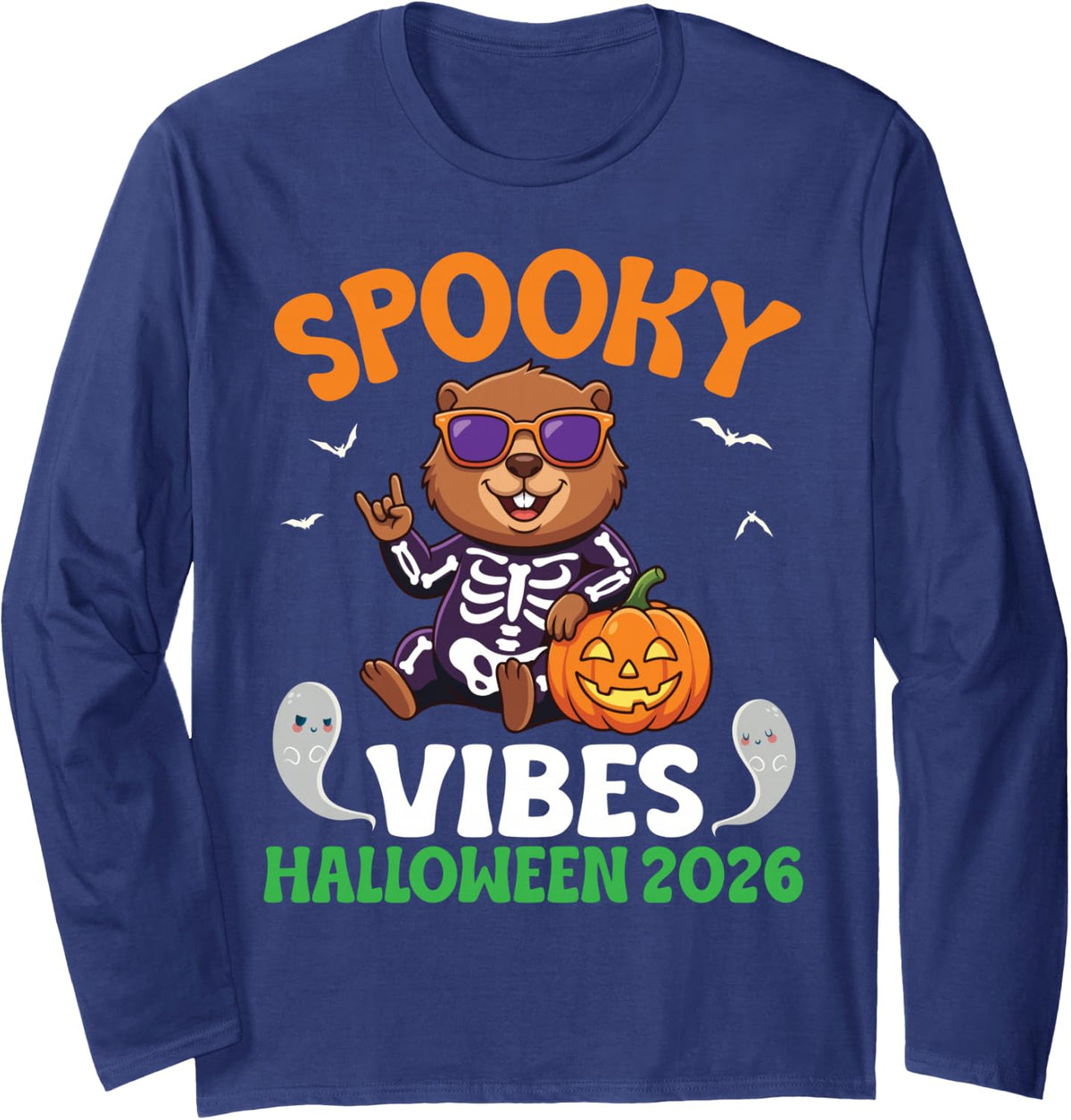 Spooky Vibes Halloween 2026 Cute Groundhog Skeleton Pumpkins Long Sleeve T-Shirt - Adult Unisex Navy Blue
