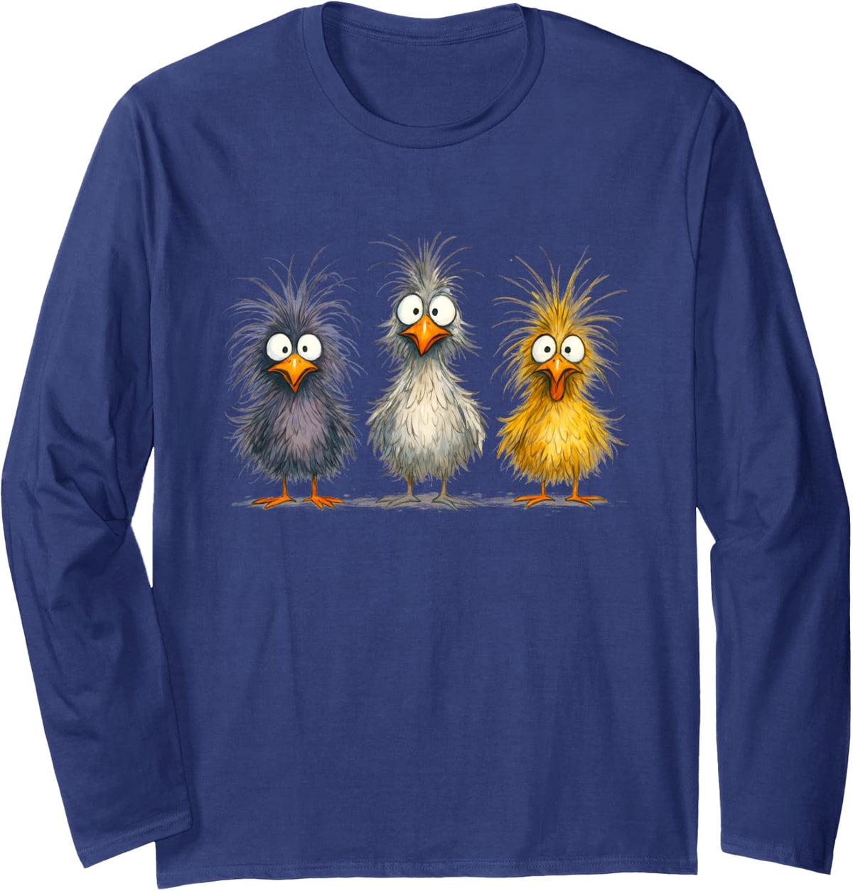 Funny Crazy Chicken Siblings Eagerlys Colorful Farm Animal Long Sleeve T-Shirt - Adult Unisex Navy Blue