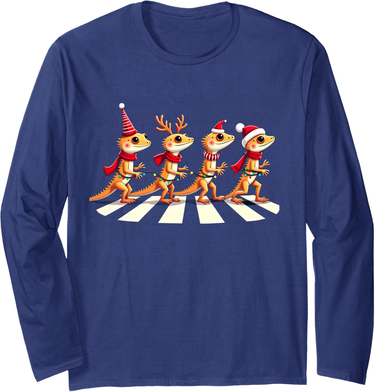Crested Gecko Crossing Road Xmas Long Sleeve T-Shirt - Adult Unisex Navy Blue