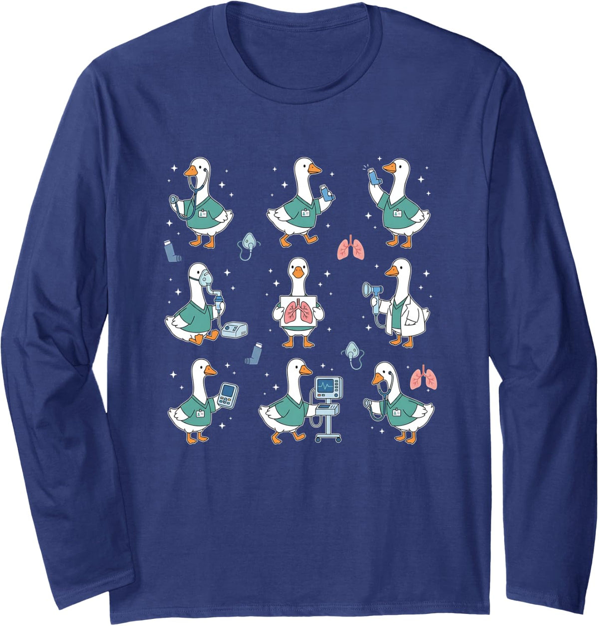 Respiratory Therapist RT Squad Silly Goose Lungs Medical Long Sleeve T-Shirt - Adult Unisex Navy Blue