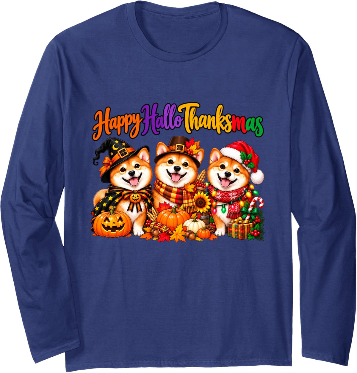 Shiba Inu Happy Hallothanksmas Halloween Thanksgiving Xmas Long Sleeve T-Shirt - Adult Unisex Navy Blue