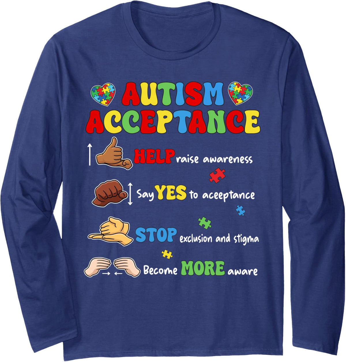Autism Awareness Acceptance Hand Sign Language SPED Teacher Long Sleeve T-Shirt - Adult Unisex Navy Blue