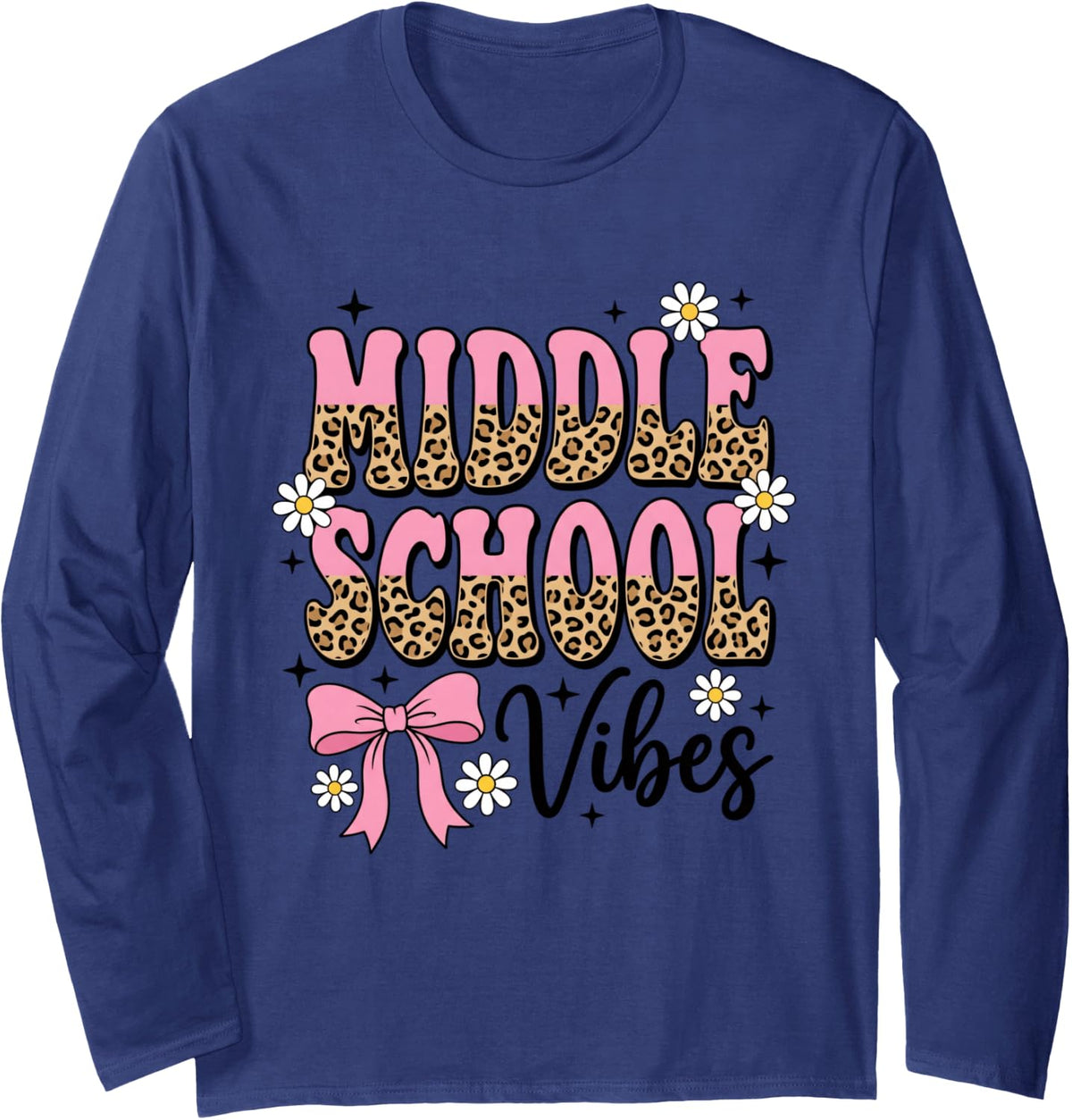 Middle School Vibes Leopard Print Bow Daisy Student Long Sleeve T-Shirt - Adult Unisex Navy Blue