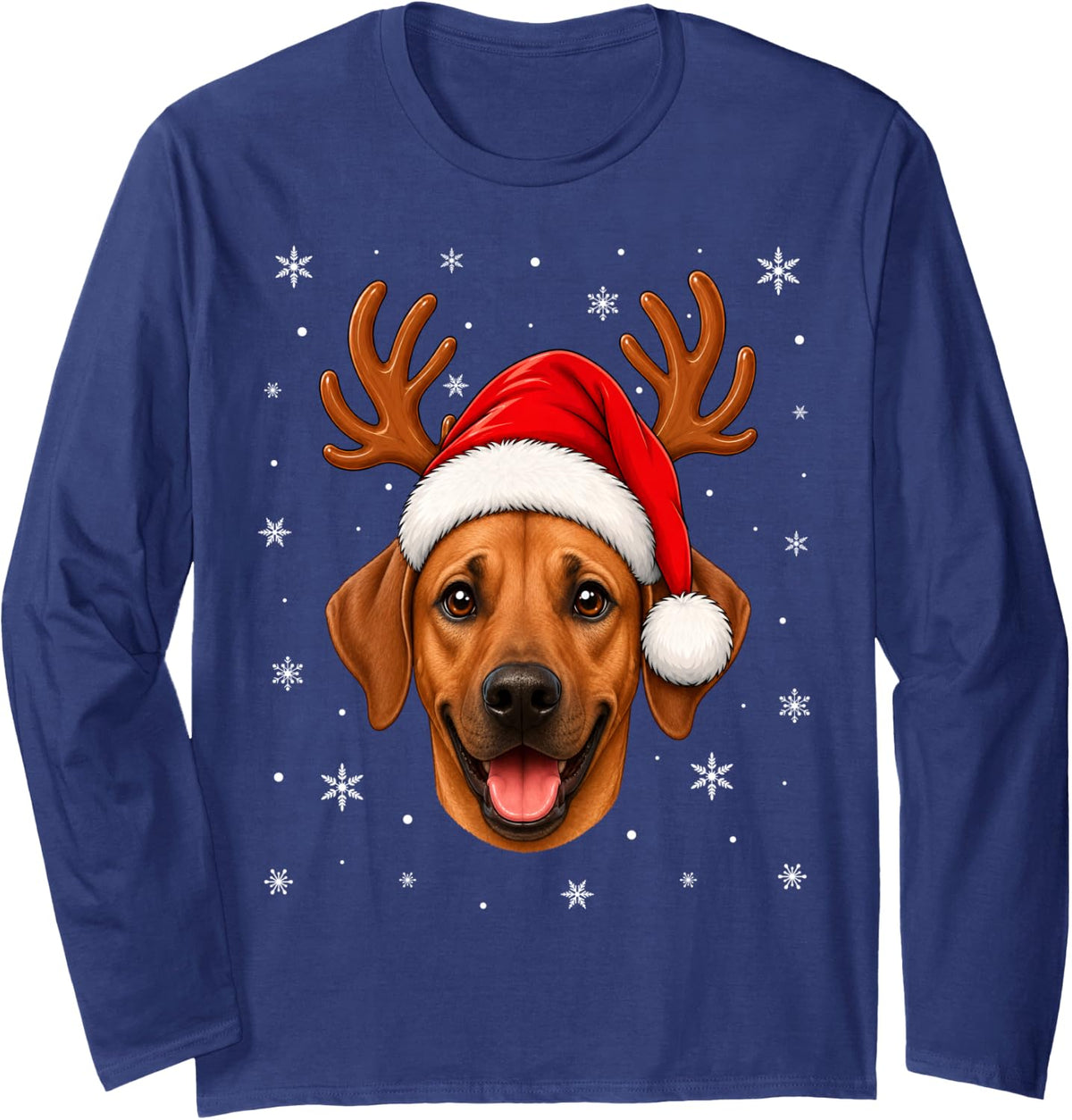 Cute Reindeer Horn Santa Rhodesian Ridgeback Dog Christmas Long Sleeve T-Shirt - Adult Unisex Navy Blue